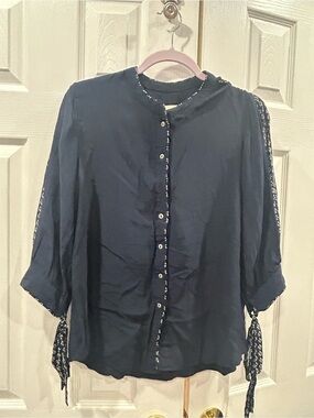 Ritu Kumar Navy Button-Front Tie-Sleeve Blouse
